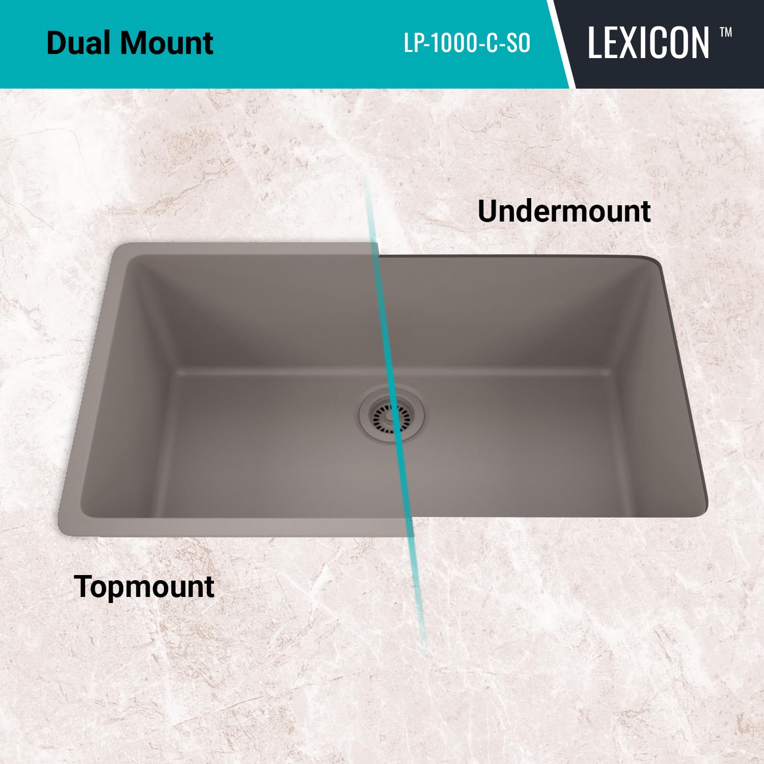 32" x 19" Quartz Kitchen Sink, Single Bowl Kitchen Sink, Large kitchen sink,Drop in Kitchen Sink, Granite Composite Kitchen Sink, Undermount Sink, Galaxy Concrete kitchen Sink, LP-1000-C-SO