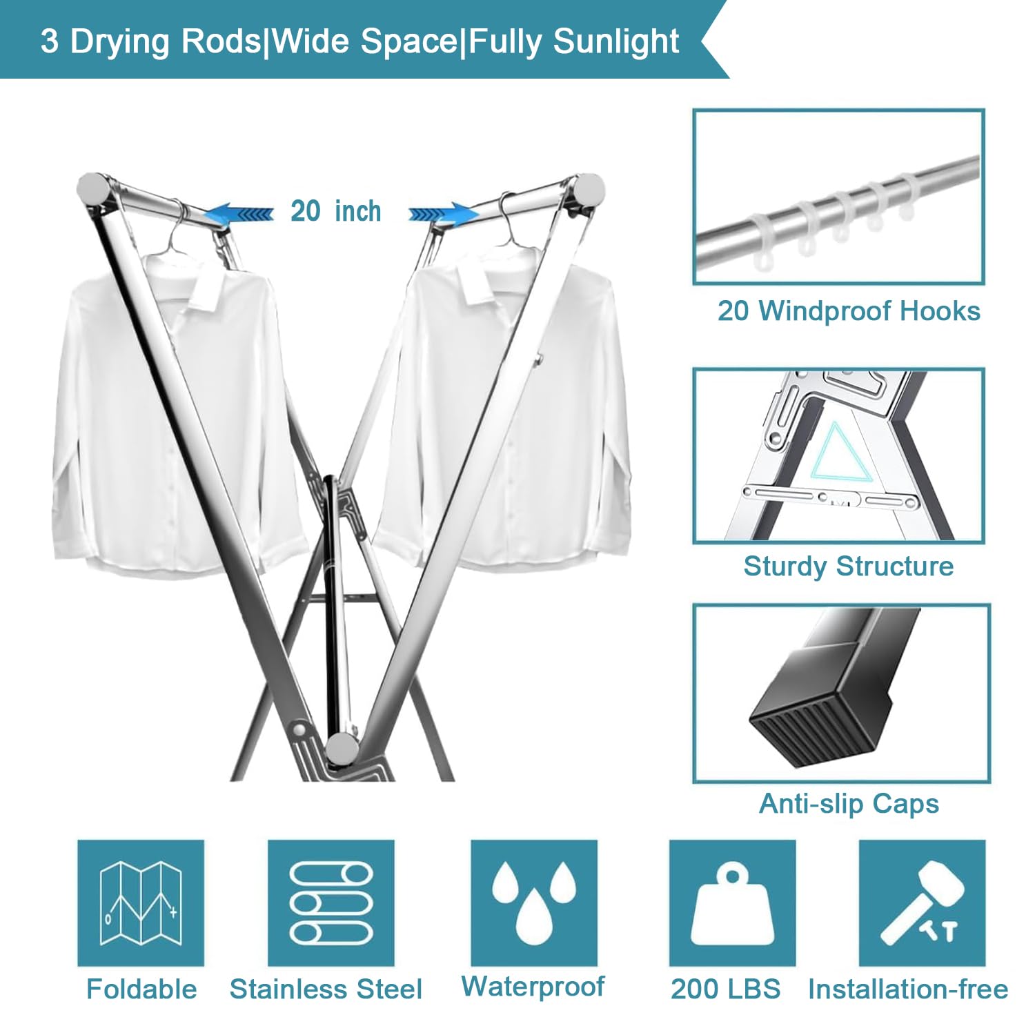 GUNQIUBA Clothes Drying Racks, Heavy Duty Stainless Steel Clothes Standing Drying Pole with 20 Windproof Hooks for The Balcony Indoor or Outdoor, Length Adjustable and Foldable (79 inch)