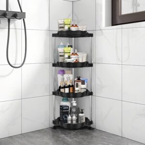 MOSAMNI Corner Shower Caddy Standing, 4-Tiers Rotating Shower Organizer Shelves Stand with Hooks, Large Floor Shower Shelf Bath Holder Rack Storage for Home Bathroom Kitchen Decor, Black