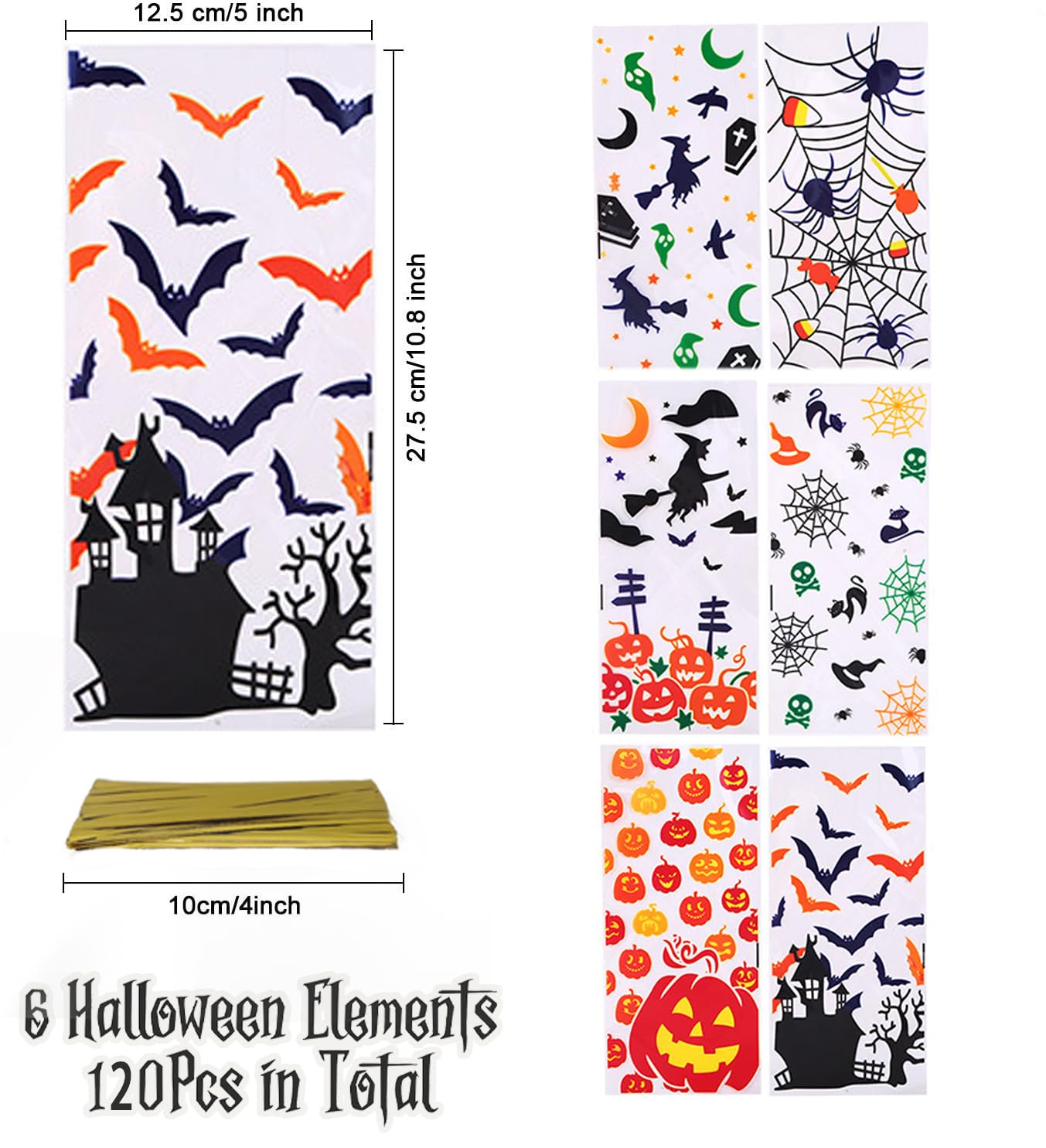 Halloween Snack Bags, 120 Halloween Cellophane Candy Bags for Guests, Used to Package Snacks and Candy, and to Deal with Trick or Treating Gifts