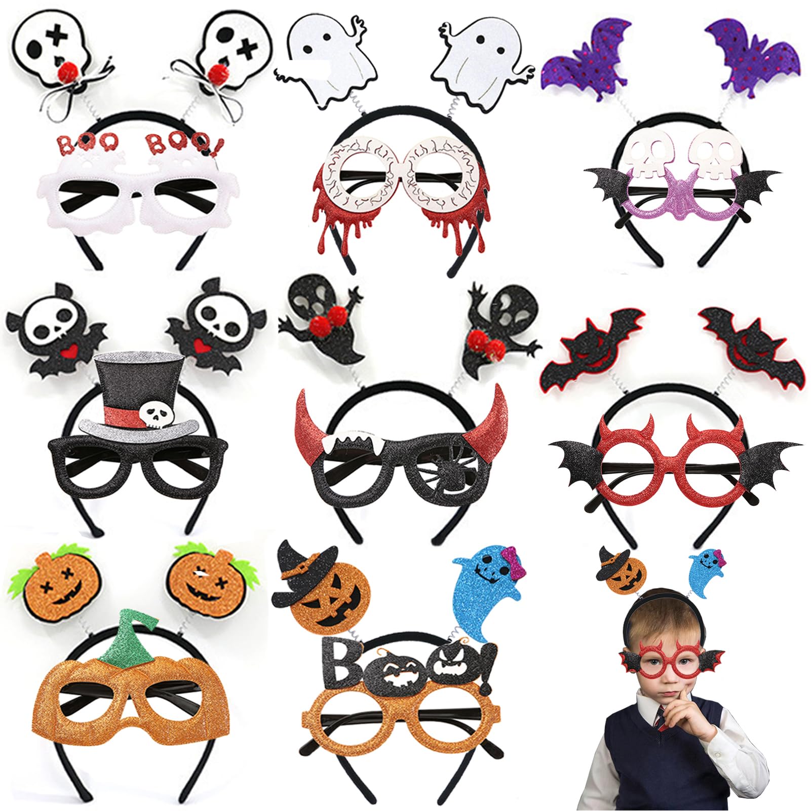 YYMayLsh Halloween Party Supplies, Cute Halloween Headbands and Glasses Set for Kids and Adults, Perfect for Halloween Party Favors (8 headbands+8 glasses)