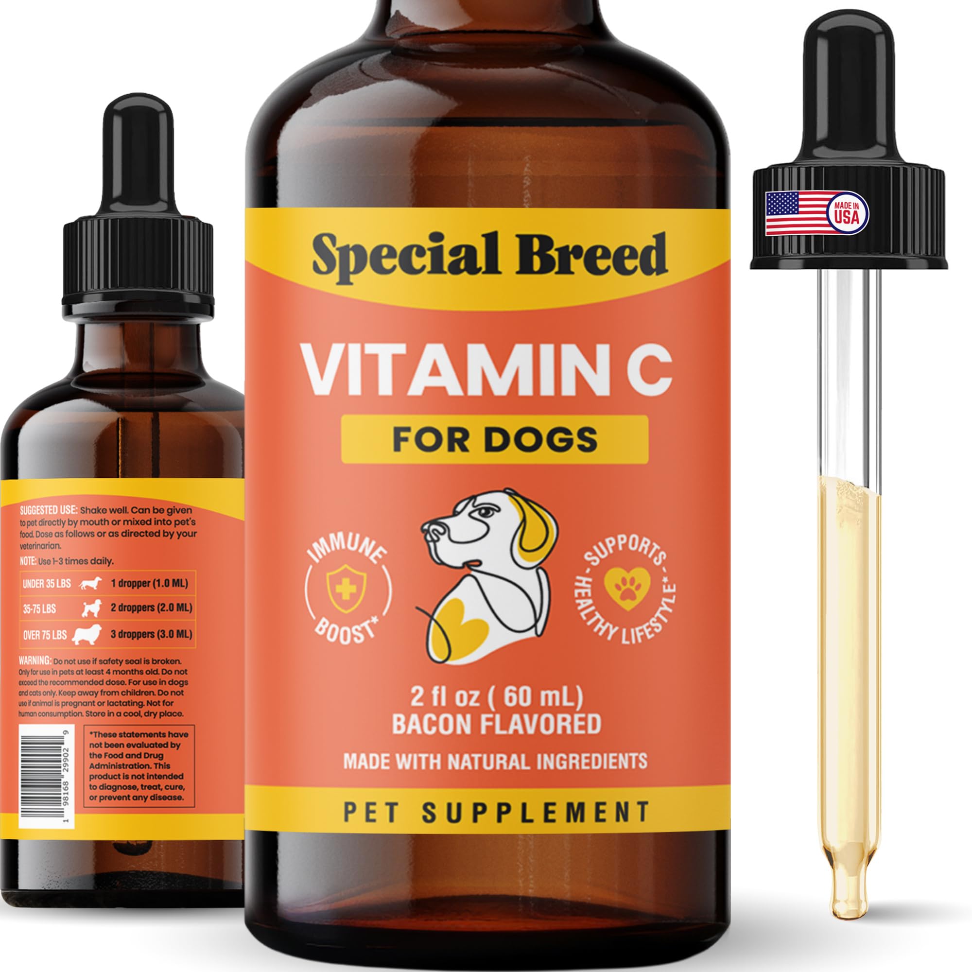 Vitamin C for Dogs, Helps Support Immune System, Vitamin C Liquid Supplement, Dog Immune Booster, Bacon Flavored, 2oz