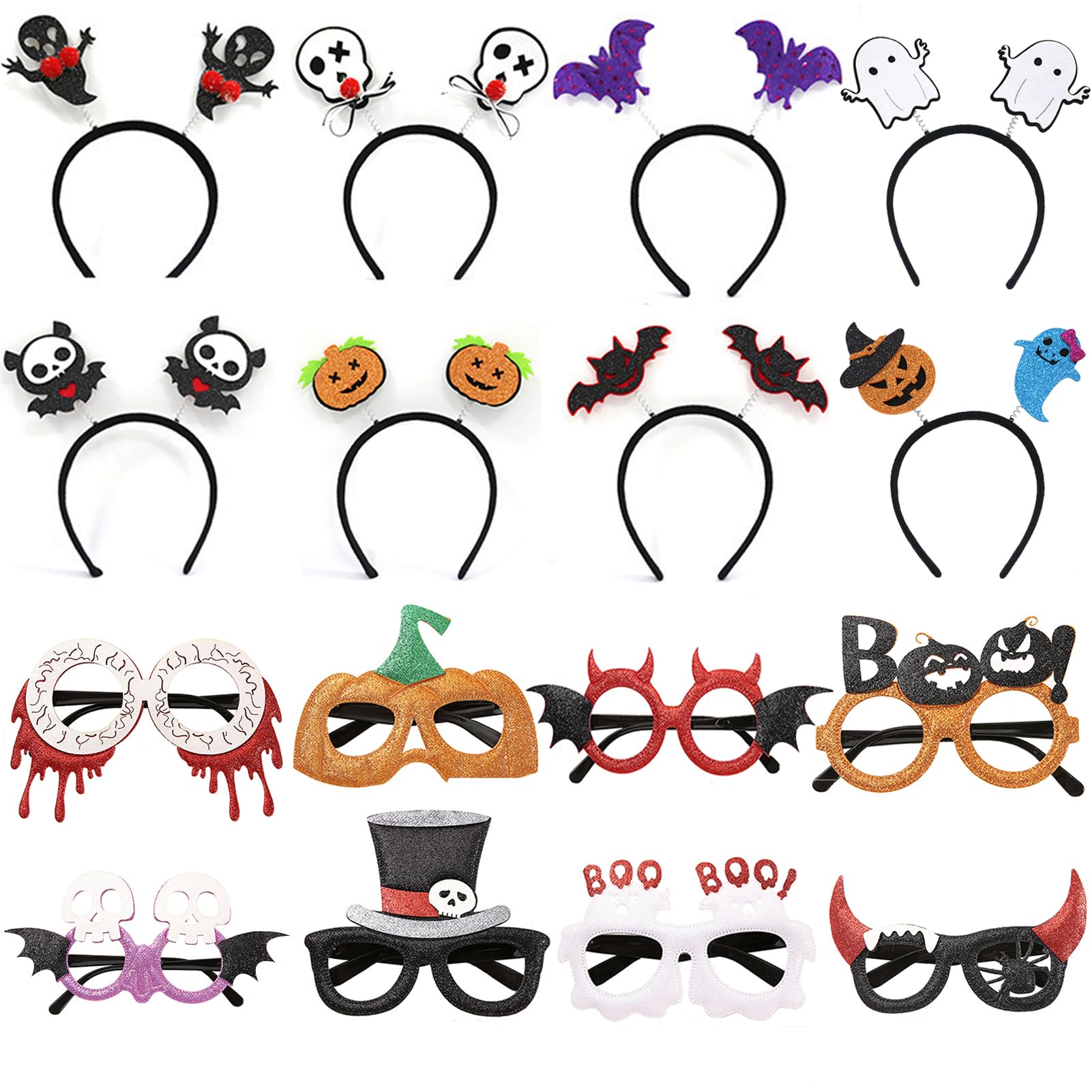 YYMayLsh Halloween Party Supplies, Cute Halloween Headbands and Glasses Set for Kids and Adults, Perfect for Halloween Party Favors (8 headbands+8 glasses)