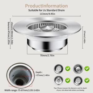 Universal Kitchen Sink Drain Strainer 3 in 1 【 304 Stainless Steel & Brass Material】 Pop Up Kitchen Sink Stopper with Metal Basket Strainer,Sink Strainer Stopper for US Standard 3 1/2" Kitchen Drain