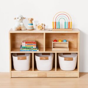 oook rubber wood 5-compartment montessori shelf, 35.4" l, toy organizers and storage, 2-tier wooden storage cabinet, kids classroom organizer, playroom, daycare and preschool storage shelves