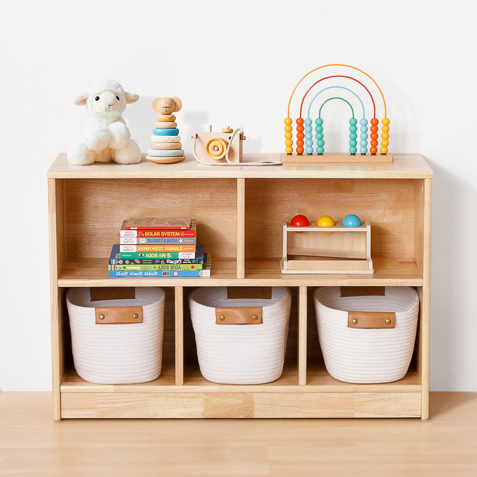 OOOK Rubber Wood 5-Compartment Montessori Shelf, 35.4" L, Toy Organizers and Storage, 2-Tier Wooden Storage Cabinet, Kids Classroom Organizer, Playroom, Daycare and Preschool Storage Shelves