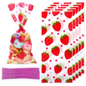 50 pcs strawberry cello bags, strawberry cello treat bags plastic clear goodie candy gift treat bags, strawberry goodie bags with 50 pieces twist tie for strawberry birthday party decoration