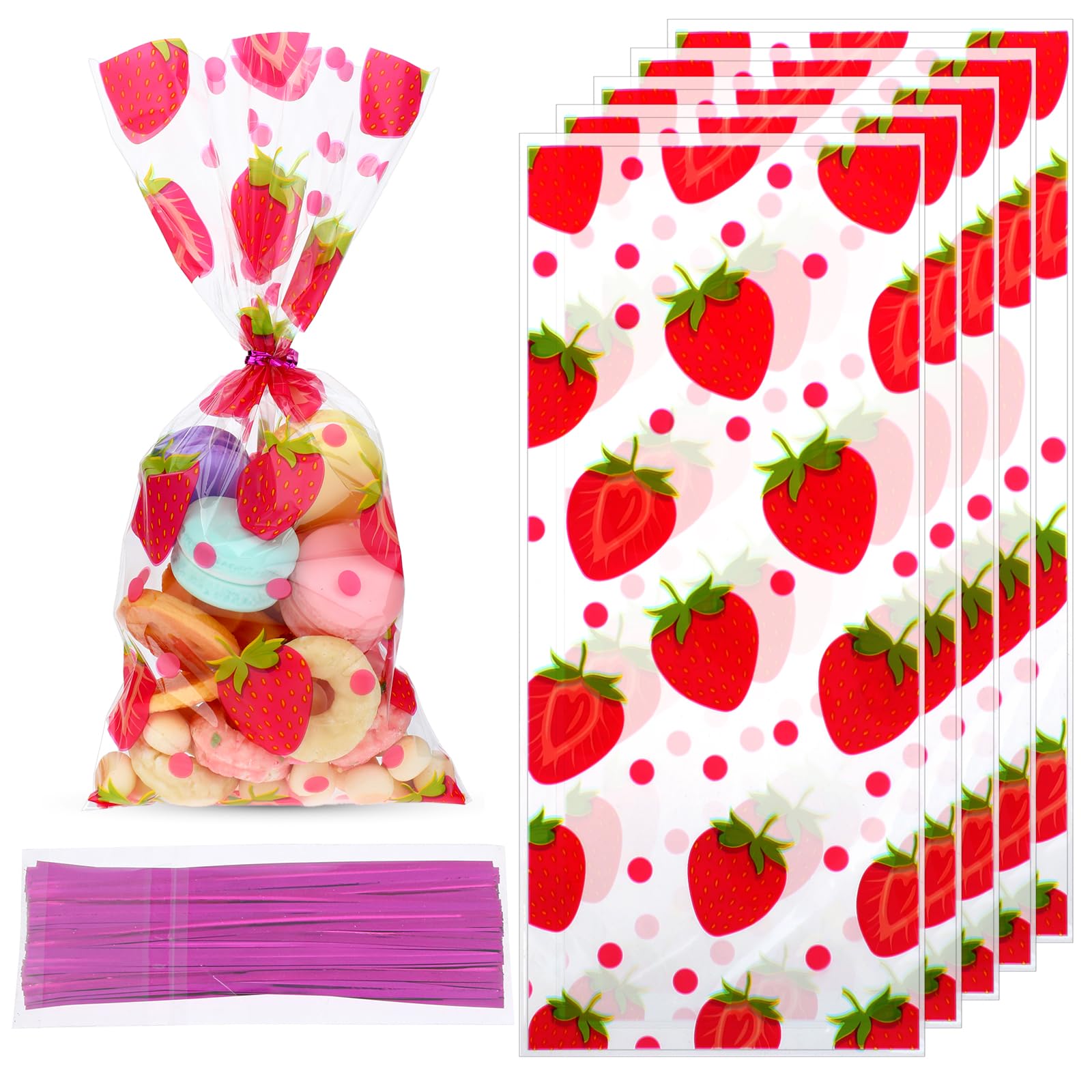 50 PCS Strawberry Cello Bags, Strawberry Cello Treat Bags Plastic Clear Goodie Candy Gift Treat Bags, Strawberry Goodie Bags with 50 Pieces Twist Tie for Strawberry Birthday Party Decoration