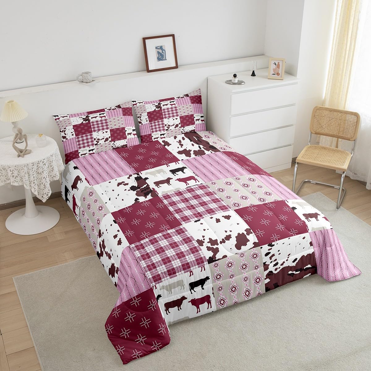 Feelyou Cow Print Comforter Set for Kids Boys Girls Cartoon Milk Cow Comforter Twin Size Farmhouse Cowhide Bedding Set Bedroom Decor Pink White Duvet Set Animal Quilt Set 2Pcs