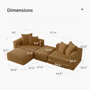 Acanva Corduroy Convertible Modular L Shaped Sectional Sofa, 4 Seater Free Combination Corner Couch, Convertible to DayBed, Wide Loveseat with Moveable Ottomans for Small Spaces, Sleeper Bed, Yellow