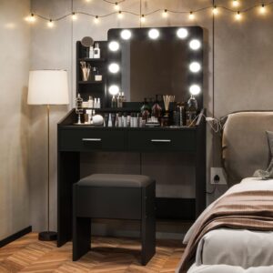 GarveeHome Vanity Desk with Mirror and Lights, Makeup Vanity Desk with Charging Station and Cushioned Stool, Dressing Table with 2 Drawers & 3 Lighting Modes Adjustable Brightness for Bedroom, Black