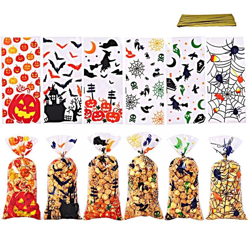 Halloween Snack Bags, 120 Halloween Cellophane Candy Bags for Guests, Used to Package Snacks and Candy, and to Deal with Trick or Treating Gifts