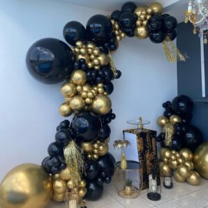 Black and Gold Balloons with 3pcs Starburst Balloons, 5 10 12 18 inch Black and Gold Balloons Garland Arch Kit for Birthday, New Years, Graduation and Anniversary Decorations Supplies