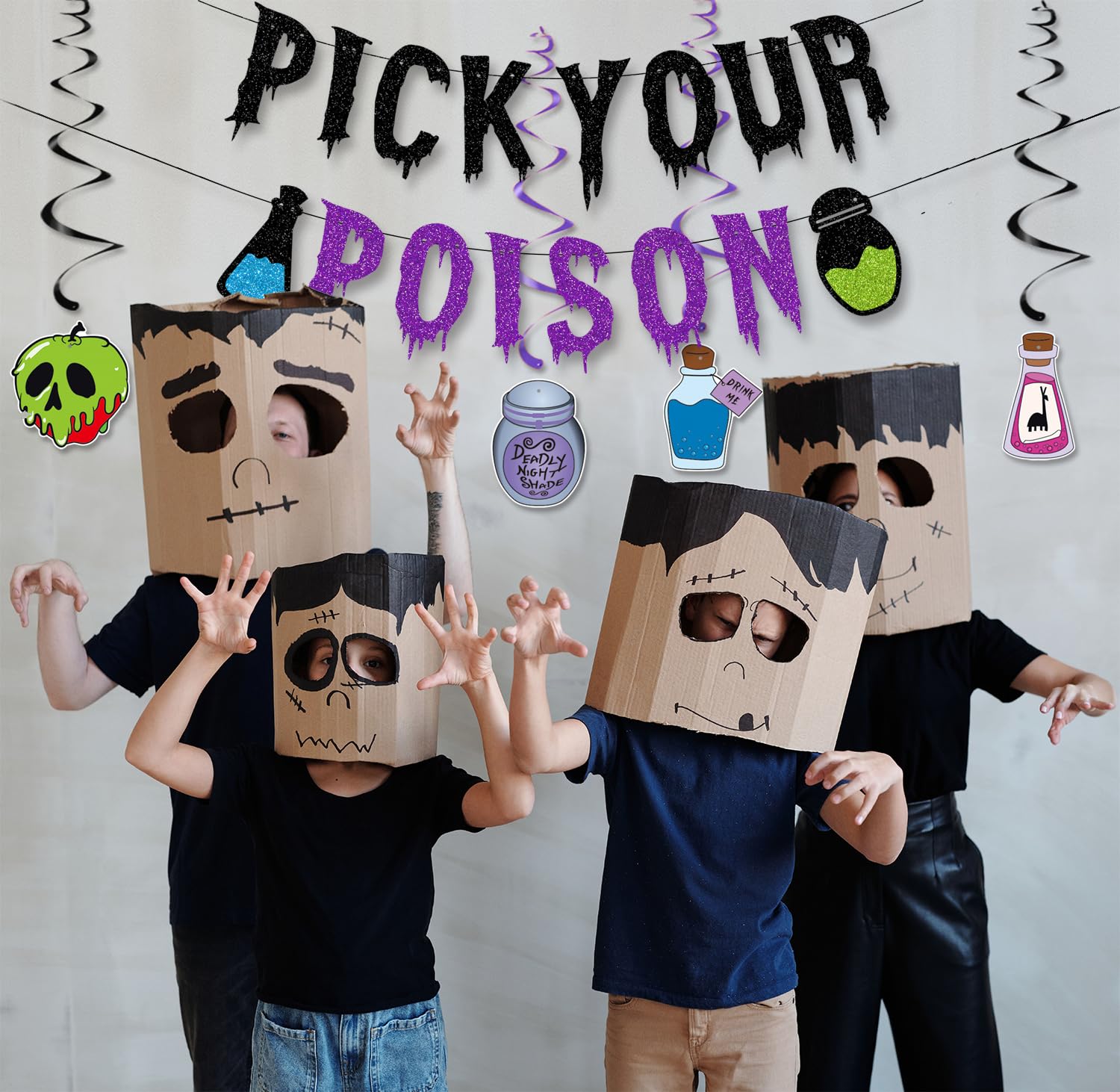 JKQ Glittery Pick Your Poison Banner and Halloween Hanging Swirls Decorations Halloween Haunted Mansion Banner Halloween Witches Party Decorations Supplies for Home Mantle