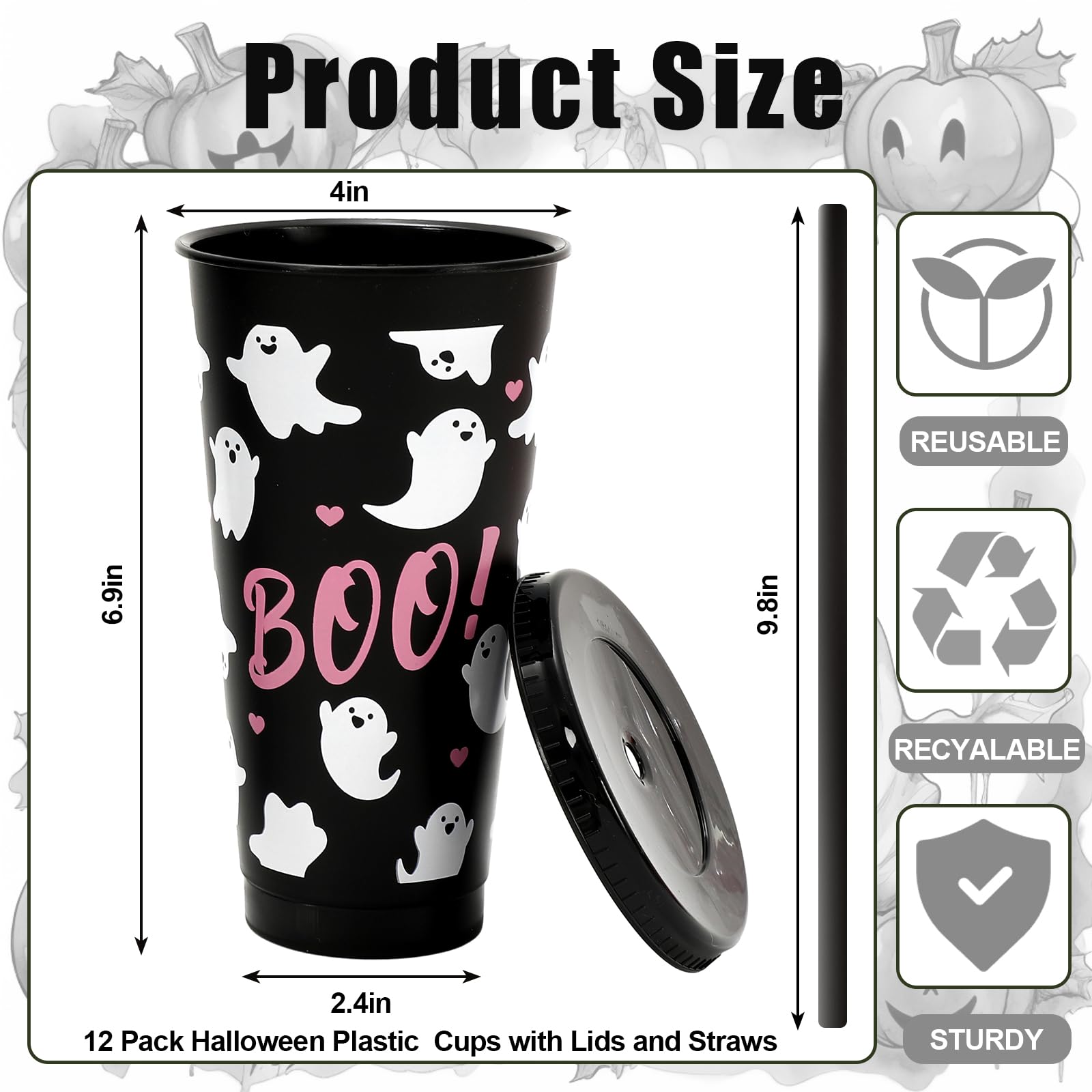 JarThenaAMCS 12Pcs Halloween Plastic Cups with Straw and Lid Cute Ghost Tumbler Boo Plastic Cups for Cold Drinks Halloween Decoration Party Favors