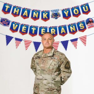 YEIRFYY Thank You Veterans Paper Banner and Pennant Banner Veterans Day Thank You for Your Service Bunting Banner Veterans Day Honoring All Who Served America Patriotic Party Decorations