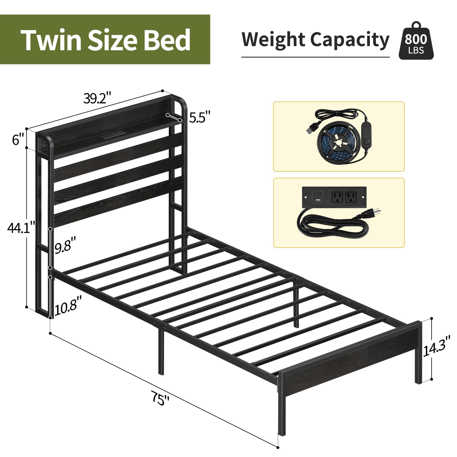 Yoobure Twin Bed Frames with Storage Headboard, Led Bed Frame with Charging Station, Metal Platform Bed Wood Bedframe with Heavy Duty Slats, Noise-Free, No Box Spring Needed, Easy Assembly