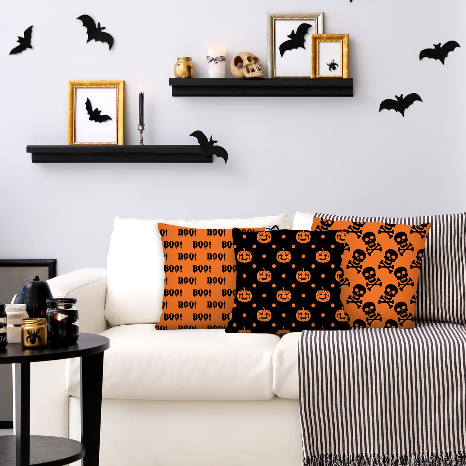 JarThenaAMCS 60Pcs Halloween Cotton Fabric Bundles 10 x 10 Inch Pumpkin Spider Ghost Fat Quarters Black Orange Sewing Fabrics for DIY Craft Party Decor