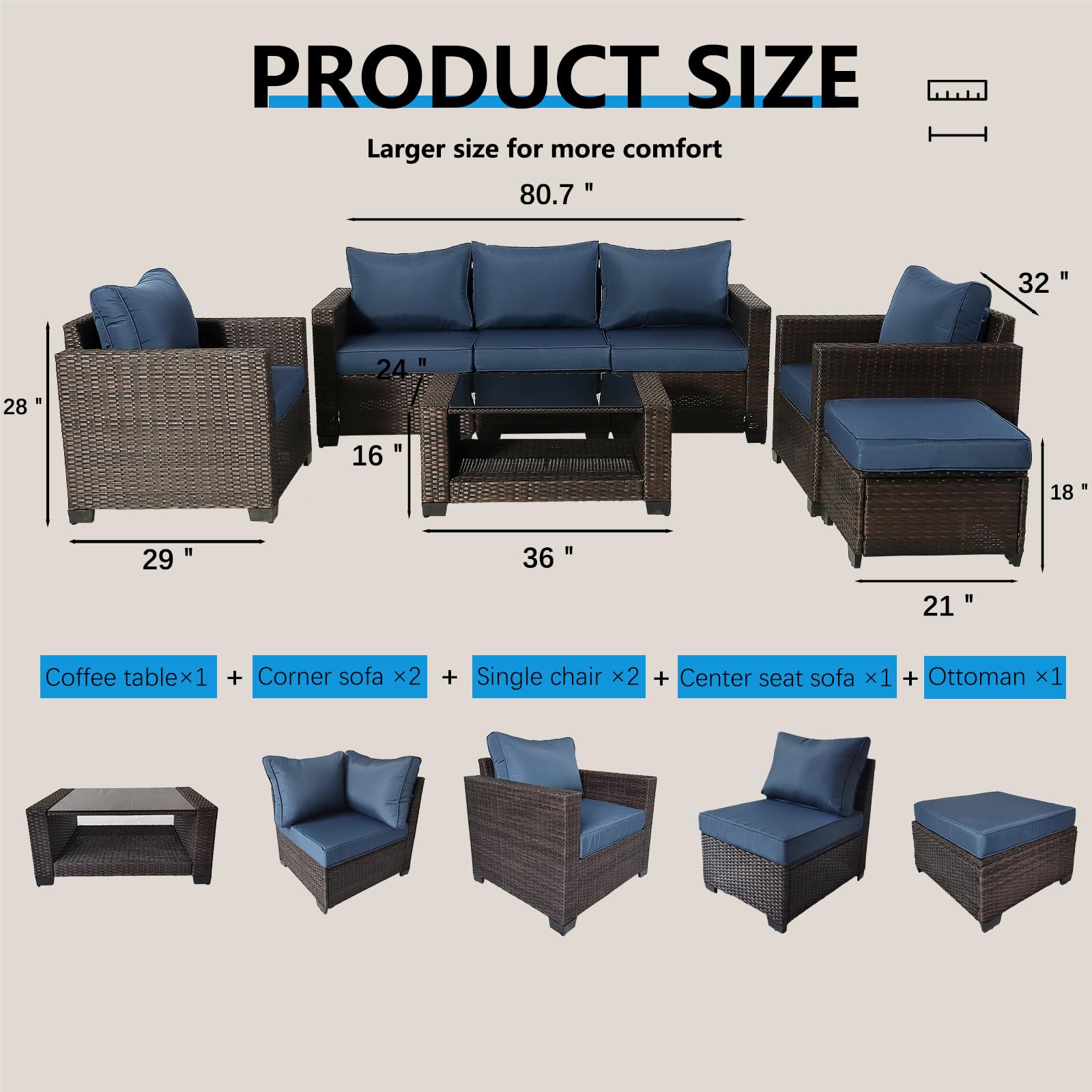 KJDFLJ Patio Furniture Set-Outdoor Furniture Wicker Patio Conversation Set, All-Weather PE Rattan Sectional Sofa with Cushions and Glass Coffee Table (Brown + Dark Blue, Slanting_7-Piece)