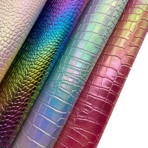 8 x 12 inches Holographic Iridescence Crocodile Faux Leather Sheets, 7pcs A4 Shiny Alligator Textured Synthetic Leather Fabric for Crafts Making Leather Earrings, Bows,Sewing ﻿