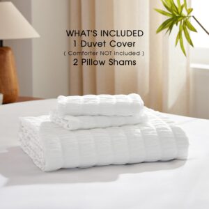 FreshCulture White Duvet Cover King, 3 Pieces Seersucker Duvet Cover Set for All Seasons, Textured Duvet Cover with Zipper Closure and Corner Ties, 1 Duvet Cover & 2 Pillow Shams