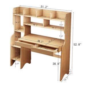 BALANBO Kids Desk Kids Table with Drawers and Bookshelf Rubber Wood Kids Media Desk Student Learning Computer Workstation and Writing Desk (Natural)