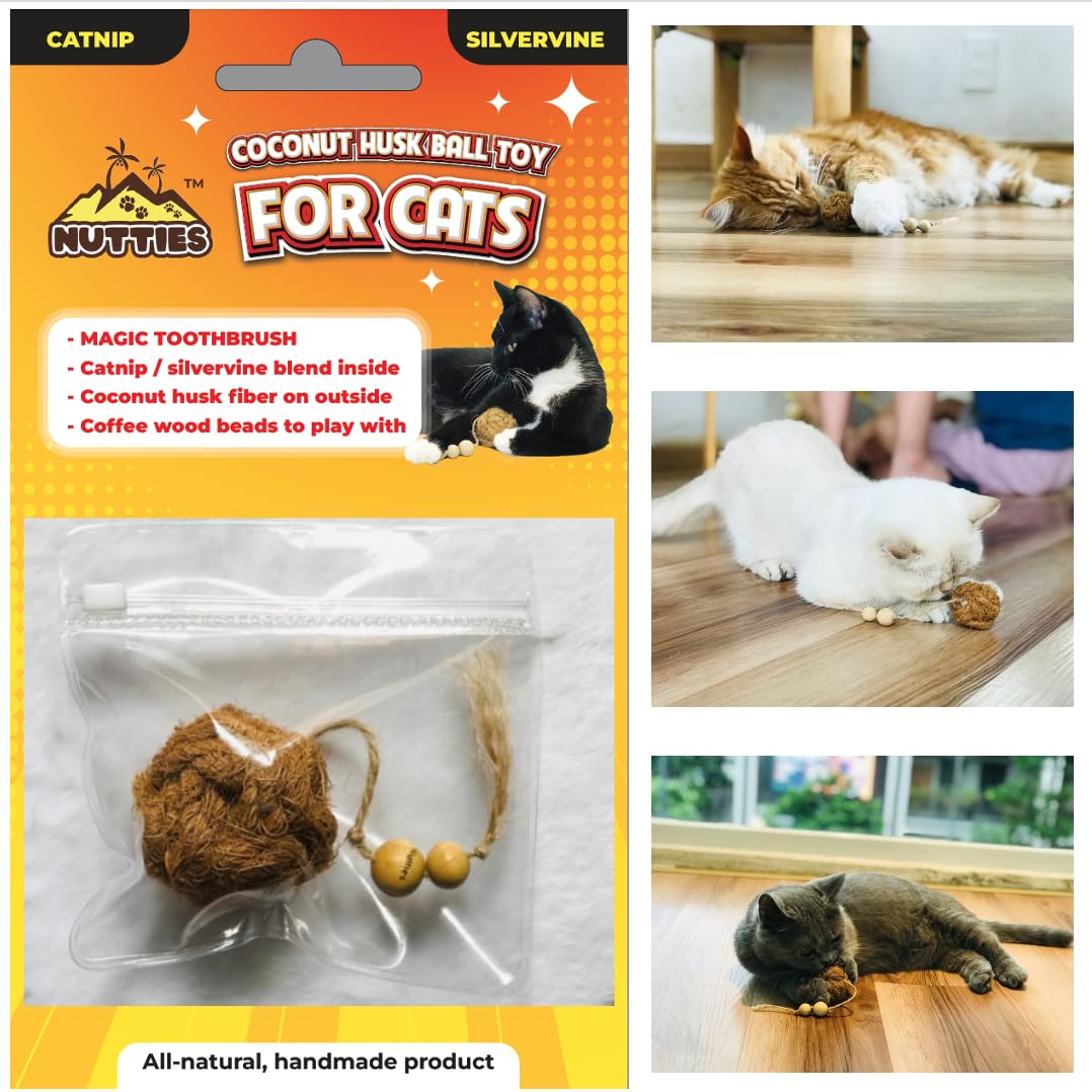 Nutties for Cats - New - Catnip/silvervine Inside, Coconut Fiber Ball, Coffee Wood Beads on Tail