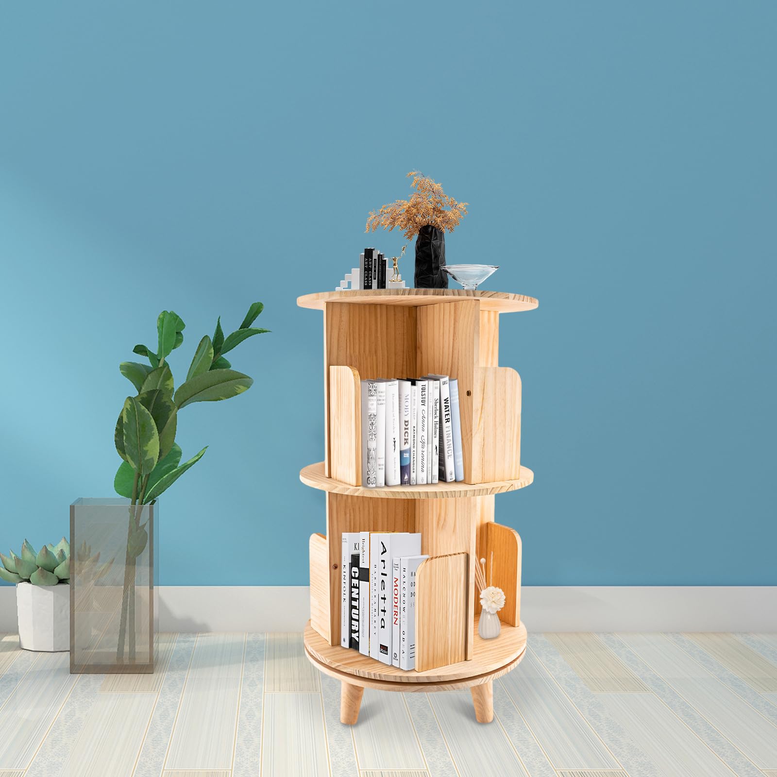 BYGOVICE Pine Wood Rotating Bookshelf Tower with 2 Tiers, Spinning Bookshelf 360 Display Floor Standing, Multi-Functional Bookshelf Organizer for Corridors, Balconies, Living Rooms, Study Rooms