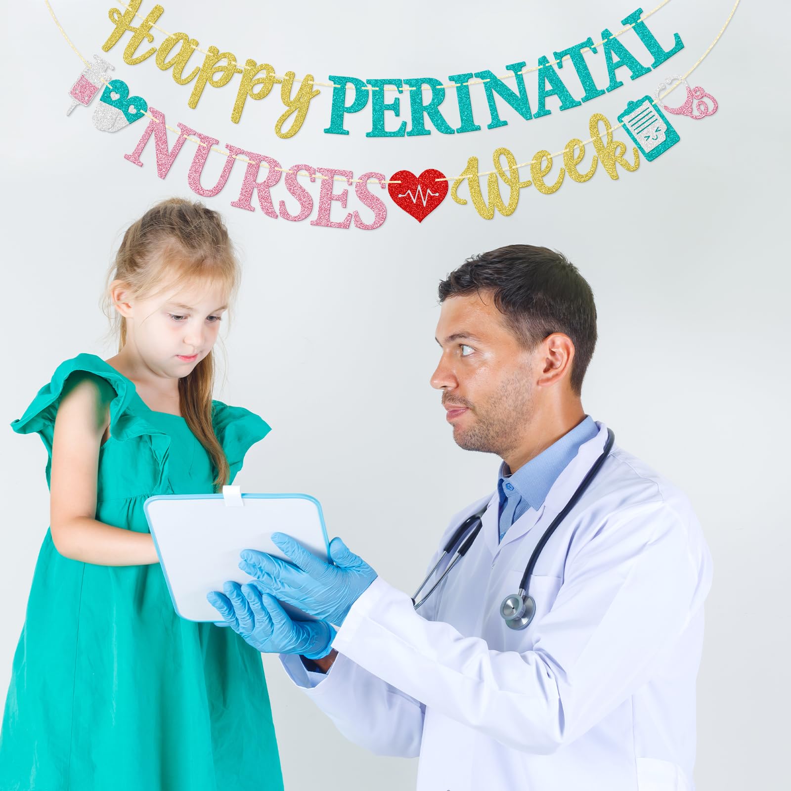 Happy Perinatal Nurse Week Banner, Pre-strung Perinatal Nurse Week Party Banner, Perinatal Nurse Appreciation Week Party Decorations, Blue Pink and Glitter