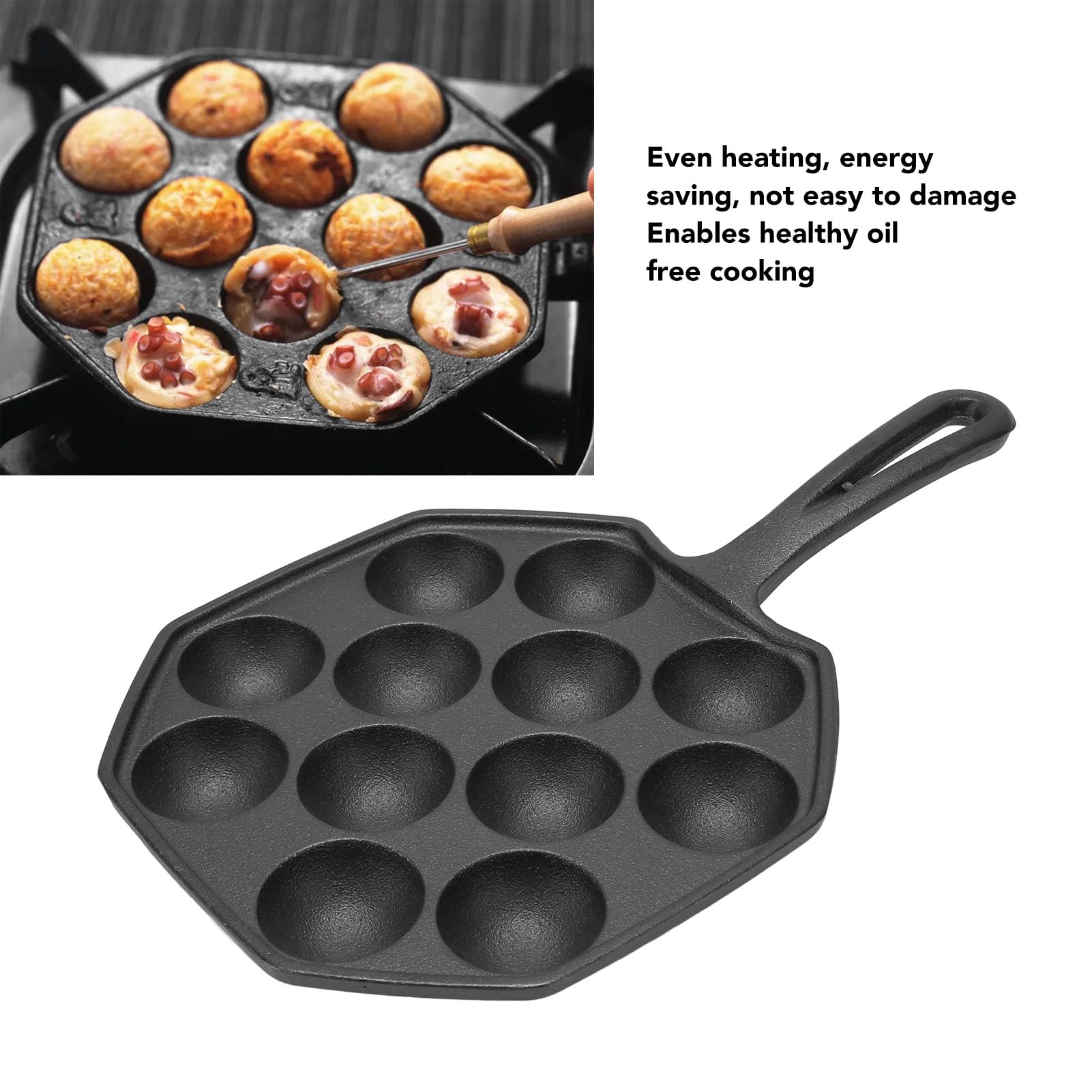 HAOHIZE Takoyaki Pan,Octopus Meatballs Frying Pan 12 Grid Takoyaki Cooking Pan Non Sticking Cast Iron Octopus Meatballs Pan