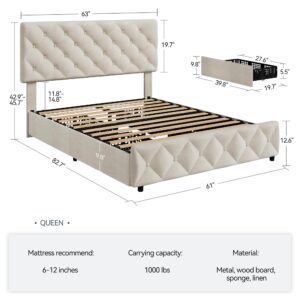 IDEALHOUSE Queen Size Bed Frame with 4 Storage Drawers, Linen Upholstered Platform Bed Frame with Adjustable Headboard, Diamond Stitched Button Tufted, No Box Spring Needed, Off White