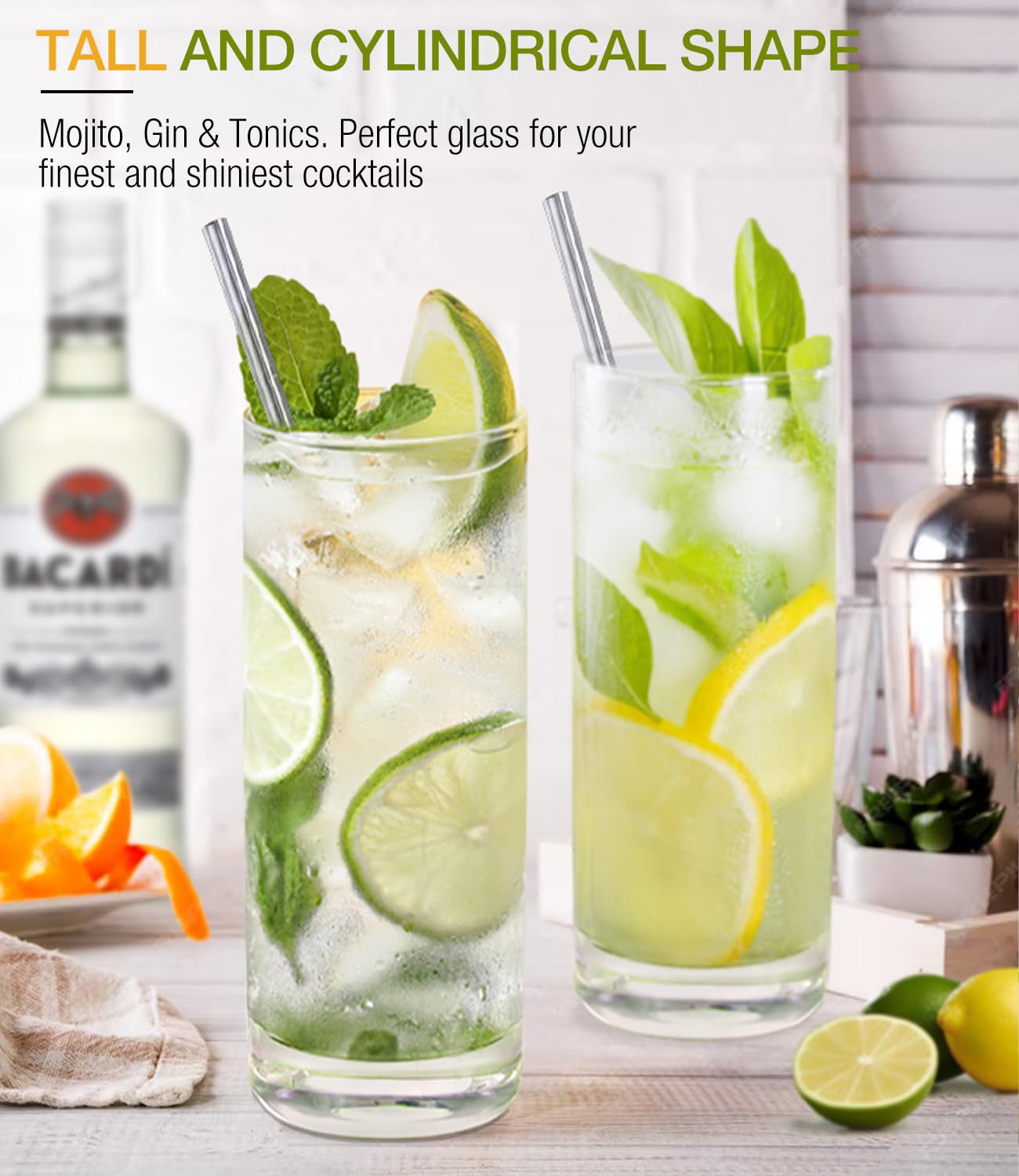 LUNA & MANTHA Highball Glasses Set of 4, 13oz Drinking Glasses Lead-Free Crystal Tall Water Glasses for Mojito, Tom Collins, Iced Tea, Gin & Tonics, Home Bar, Birthdays, Housewarming Gift, Clear