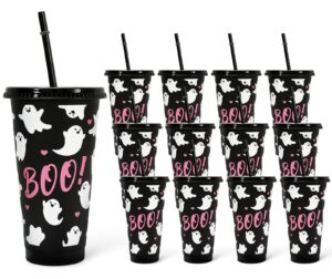 jarthenaamcs 12pcs halloween plastic cups with straw and lid cute ghost tumbler boo plastic cups for cold drinks halloween decoration party favors