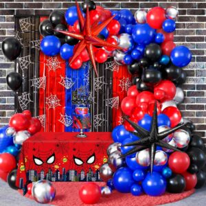 127pcs spider party decorations balloons black red and blue balloons garland kit arch backdrop tablecloth banner cake hero theme birthday party decorations foil fringe curtains for kids