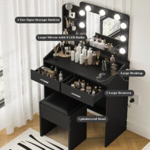 GarveeHome Vanity Desk with Mirror and Lights, Makeup Vanity Desk with Charging Station and Cushioned Stool, Dressing Table with 2 Drawers & 3 Lighting Modes Adjustable Brightness for Bedroom, Black