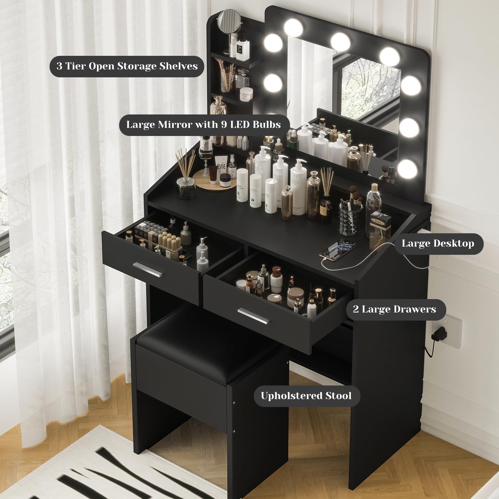 GarveeHome Vanity Desk with Mirror and Lights, Makeup Vanity Desk with Charging Station and Cushioned Stool, Dressing Table with 2 Drawers & 3 Lighting Modes Adjustable Brightness for Bedroom, Black