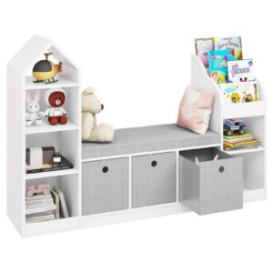 Vabches Toy Storage Organizer for Kids Bookshelf with Reading Nook, Multifunctional Kids Bookcase with 9 Storage Cubbies 3 Drawers and Large Seat Cushion for Keeping Kids' Toys Books Organized, White