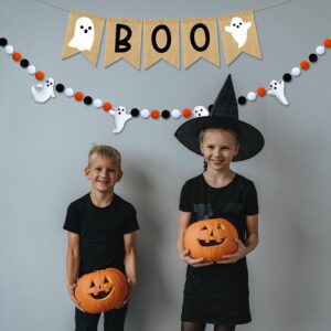 PTFNY Halloween Banner Burlap Boo Banner Ghost Felt Ball Banner Happy Halloween Banner Halloween Decor for Party Halloween Birthday Decorations