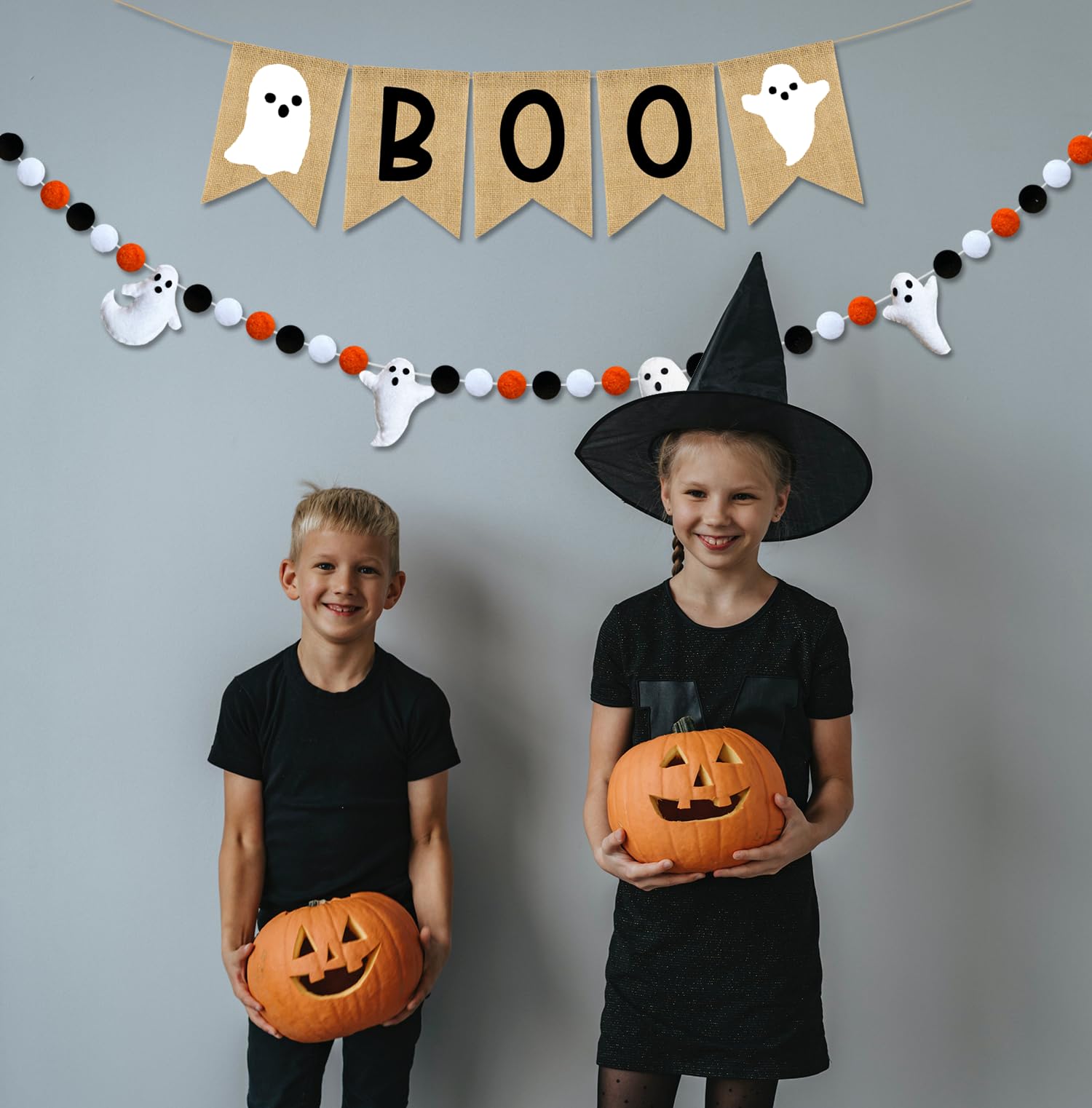 PTFNY Halloween Banner Burlap Boo Banner Ghost Felt Ball Banner Happy Halloween Banner Halloween Decor for Party Halloween Birthday Decorations