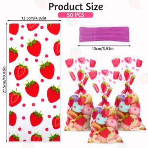 50 PCS Strawberry Cello Bags, Strawberry Cello Treat Bags Plastic Clear Goodie Candy Gift Treat Bags, Strawberry Goodie Bags with 50 Pieces Twist Tie for Strawberry Birthday Party Decoration