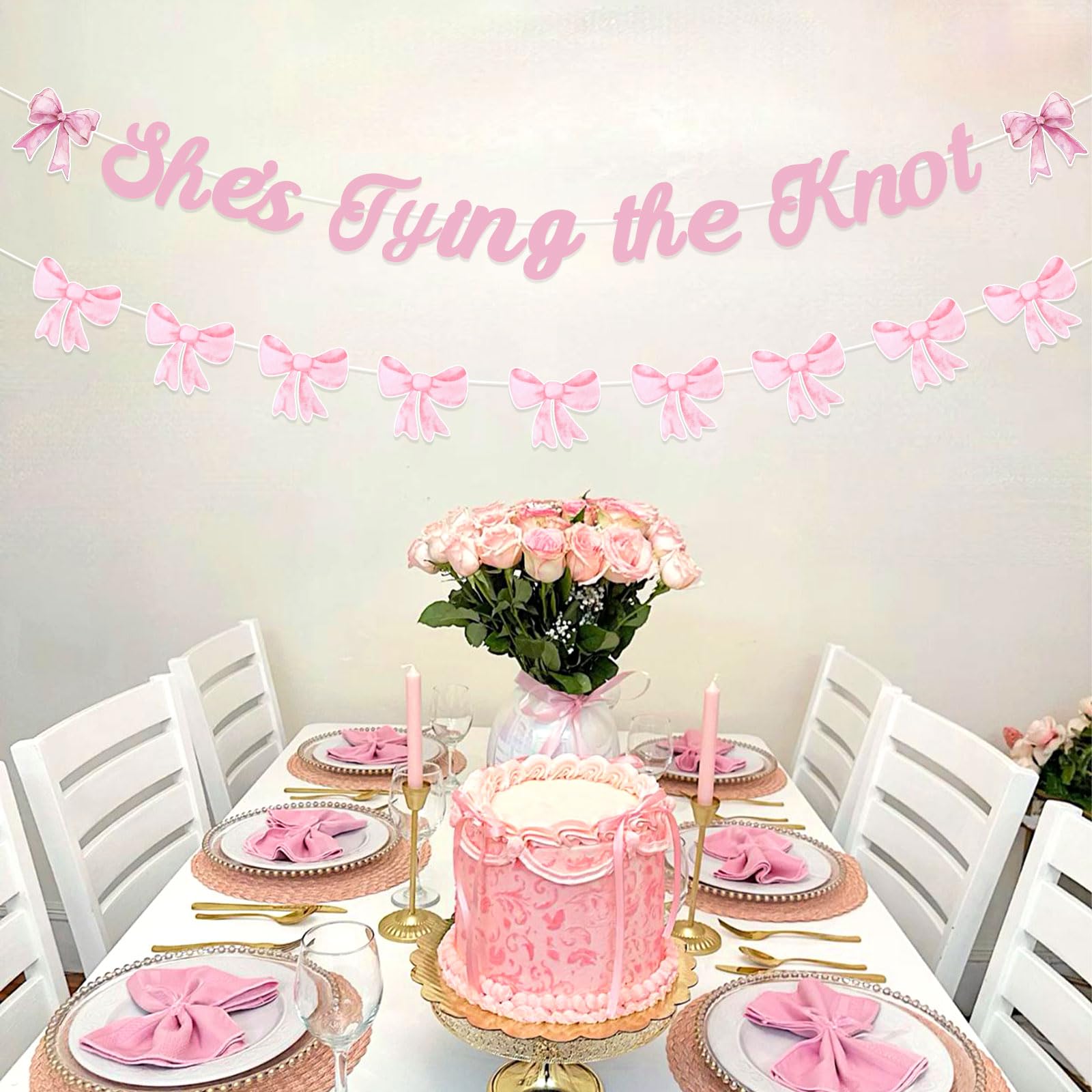 Cheereveal Bow Themed Bridal Shower Decorations Set, Pink She’s Tying the Knot Banner Sign and Bow Garland for Coquette Princess Bachelorette Wedding Engagement Party Decor Supplies