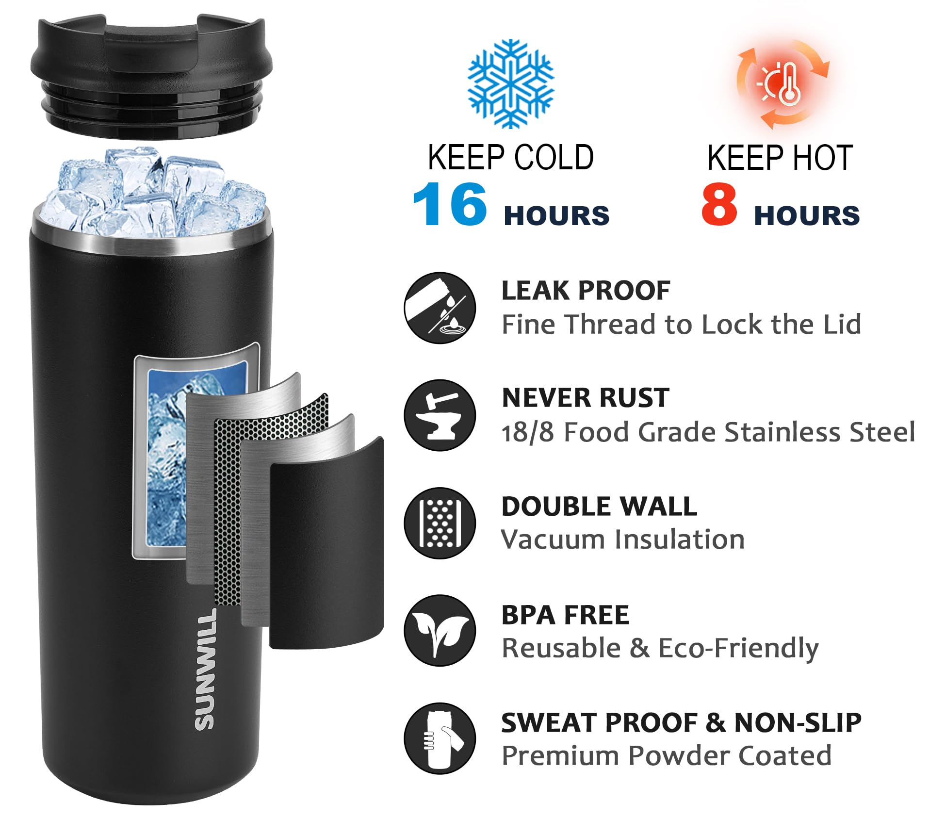 SUNWILL Coffee Tumbler Cups, Insulated Coffee Mug with Lid, 16 oz Stainless Steel Travel Coffee Cup, Powder Coated Black