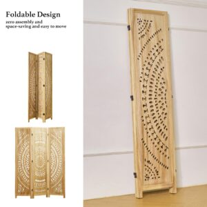 66.9Inch Folding Room Divider, 3 Panels Wood Carved Privacy Screens, Free Assembled Freestanding Partition for Home Office Restaurant Bedroom (Natural)