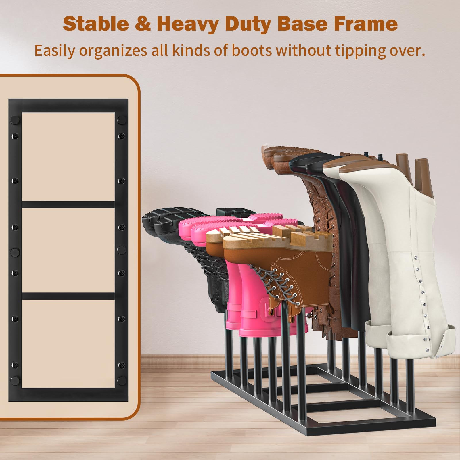 TomCare Boot Rack 19.5" Free Standing Shoe Racks for 6 Pairs Tall Boots,Shoe Storage Organizer Boot Storage Organizer Tall Boots Black Metal Shoe Racks for Entryway Closet Garage