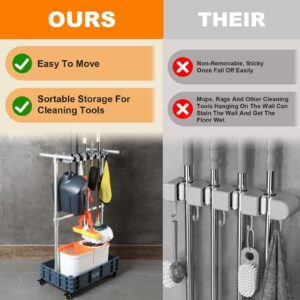 JGLDG Mobile Mop and Broom Holder，Efficient Storage Solution for Cleaning Tools Keep Your Tools Handy and Organized