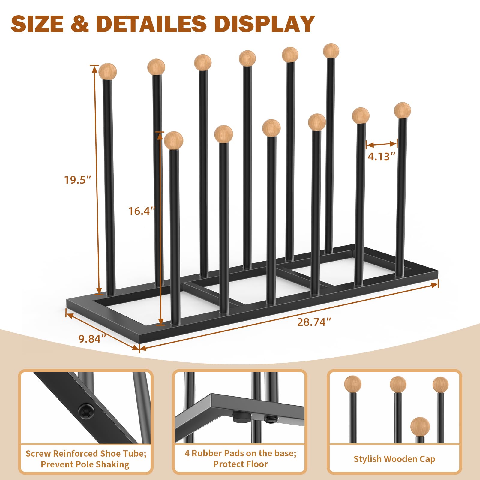 TomCare Boot Rack 19.5" Free Standing Shoe Racks for 6 Pairs Tall Boots,Shoe Storage Organizer Boot Storage Organizer Tall Boots Black Metal Shoe Racks for Entryway Closet Garage