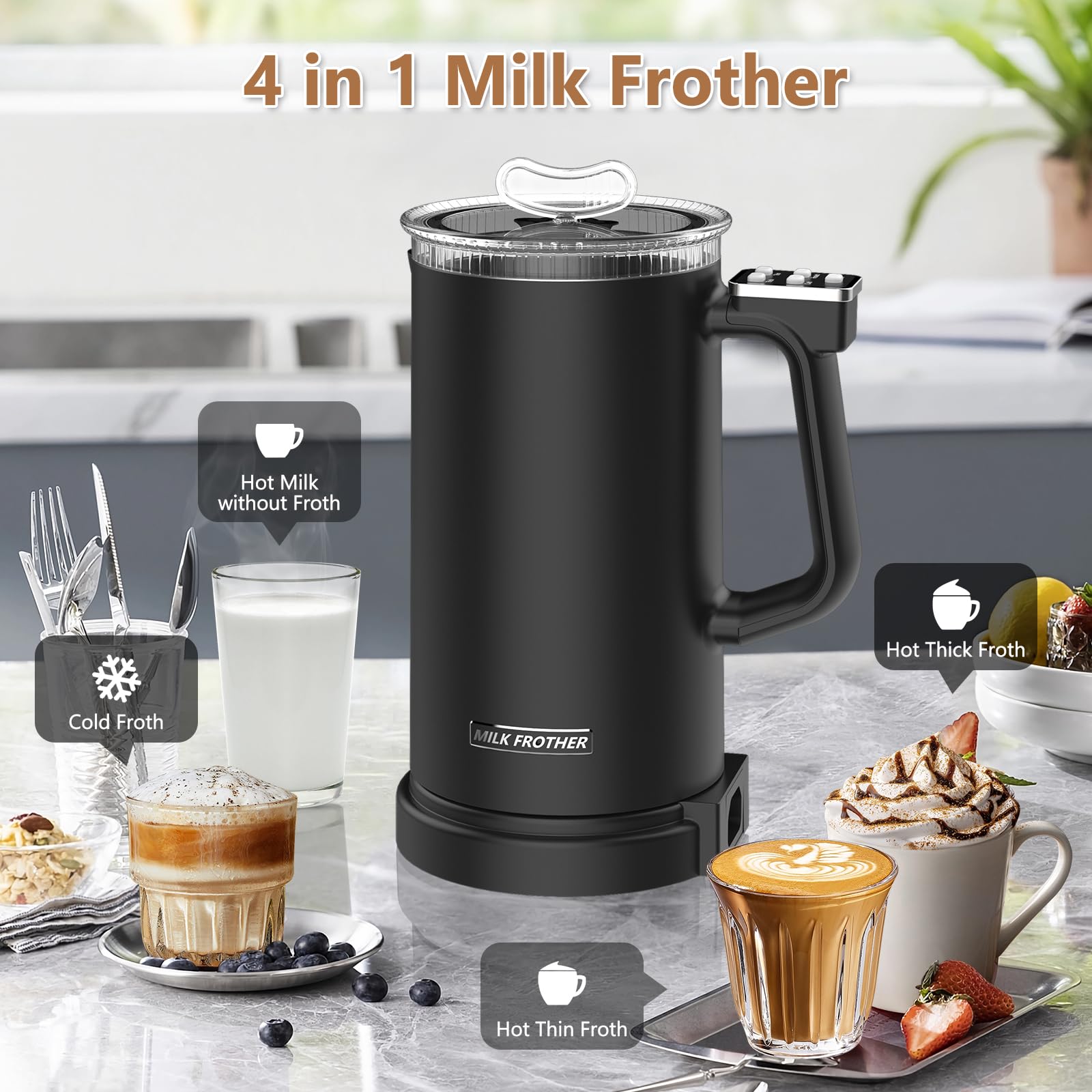 Milk Frother and Steamer 4 in 1, Electric Coffee Frother Automatic Milk Frothers, Coffee Heater Milk Warmer and Cold Foamer Frother with Temperature Control for Latte, Cappuccino, Macchiato