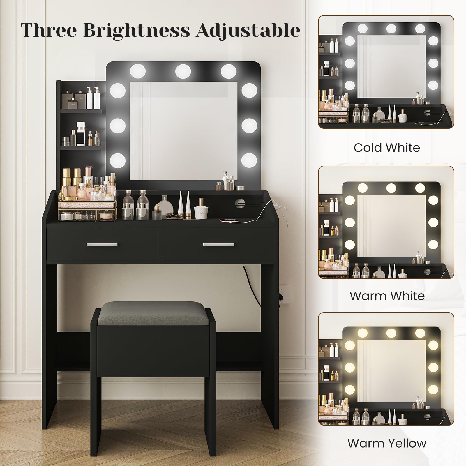 GarveeHome Vanity Desk with Mirror and Lights, Makeup Vanity Desk with Charging Station and Cushioned Stool, Dressing Table with 2 Drawers & 3 Lighting Modes Adjustable Brightness for Bedroom, Black