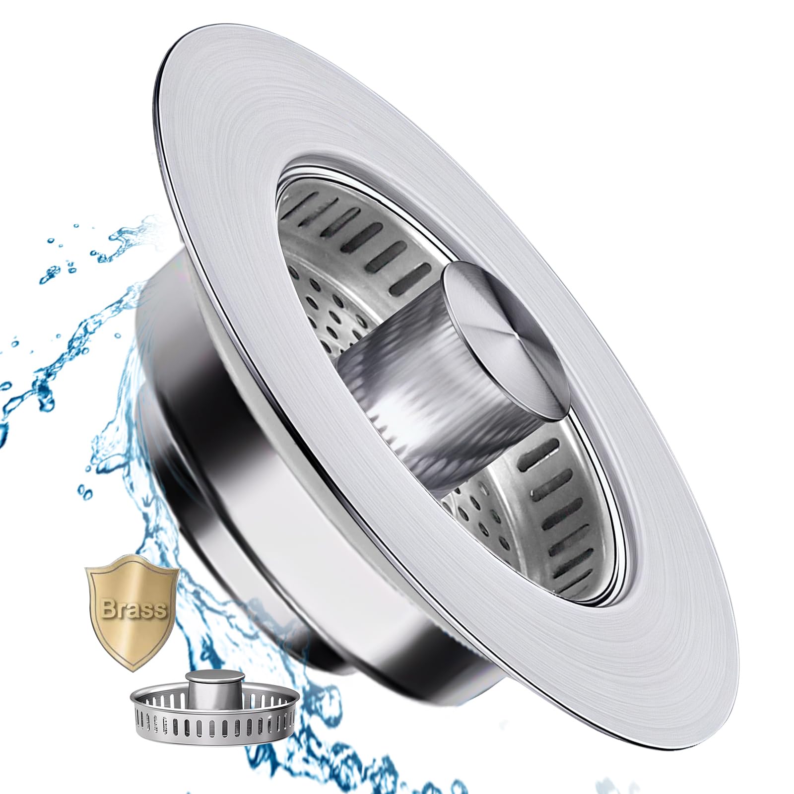 Universal Kitchen Sink Drain Strainer 3 in 1 【 304 Stainless Steel & Brass Material】 Pop Up Kitchen Sink Stopper with Metal Basket Strainer,Sink Strainer Stopper for US Standard 3 1/2" Kitchen Drain