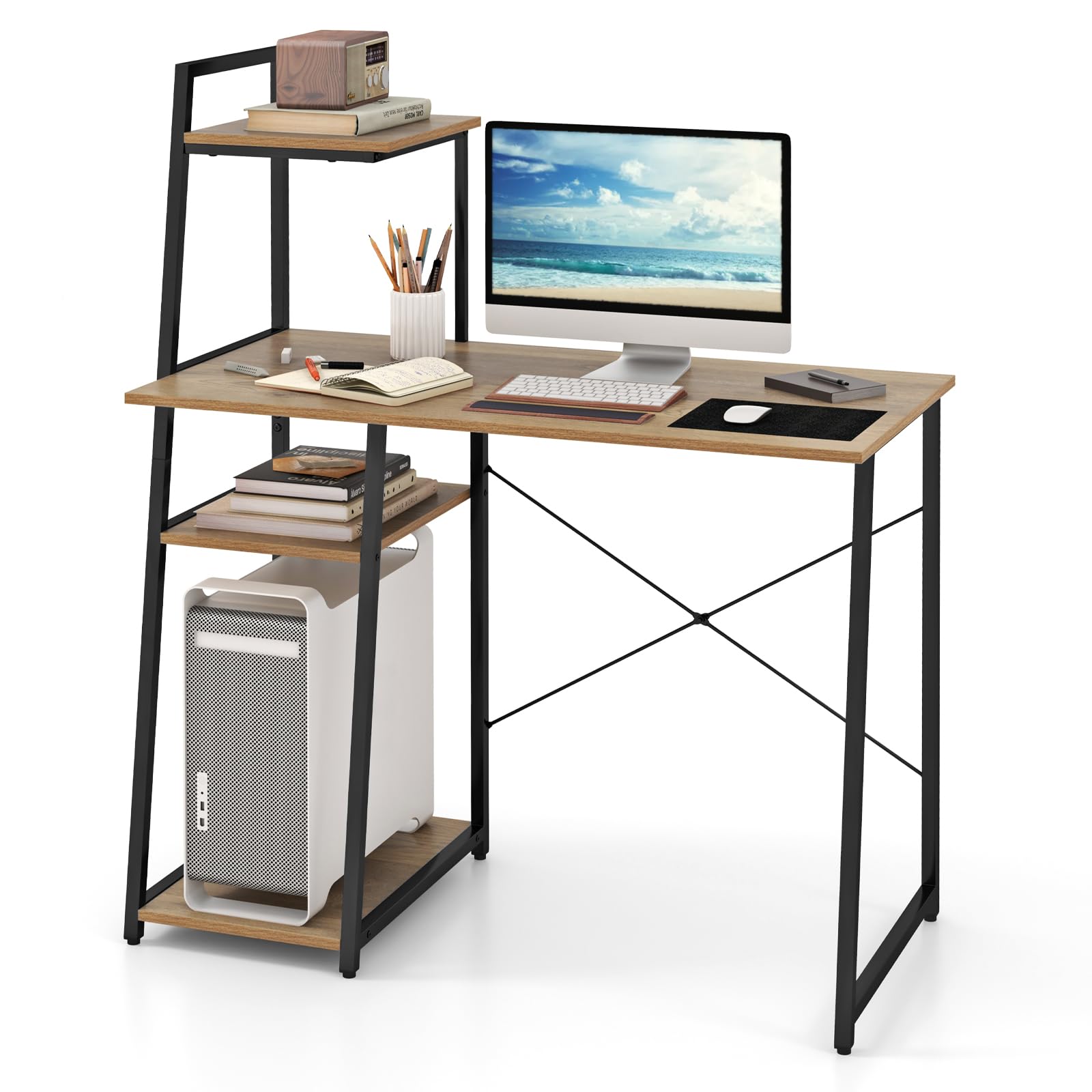 Giantex Computer Desk with Shelves, 47.5” Home Office Desk with Bookshelf, Host Stand, Metal Frame, PC Laptop Workstation, Modern Study Writing Desk for Bedroom, Small Space (Natural & Black)